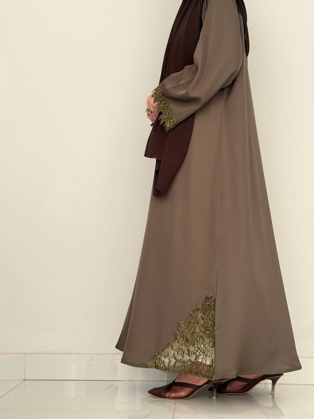 Cutwork Lace Abaya - Taupe