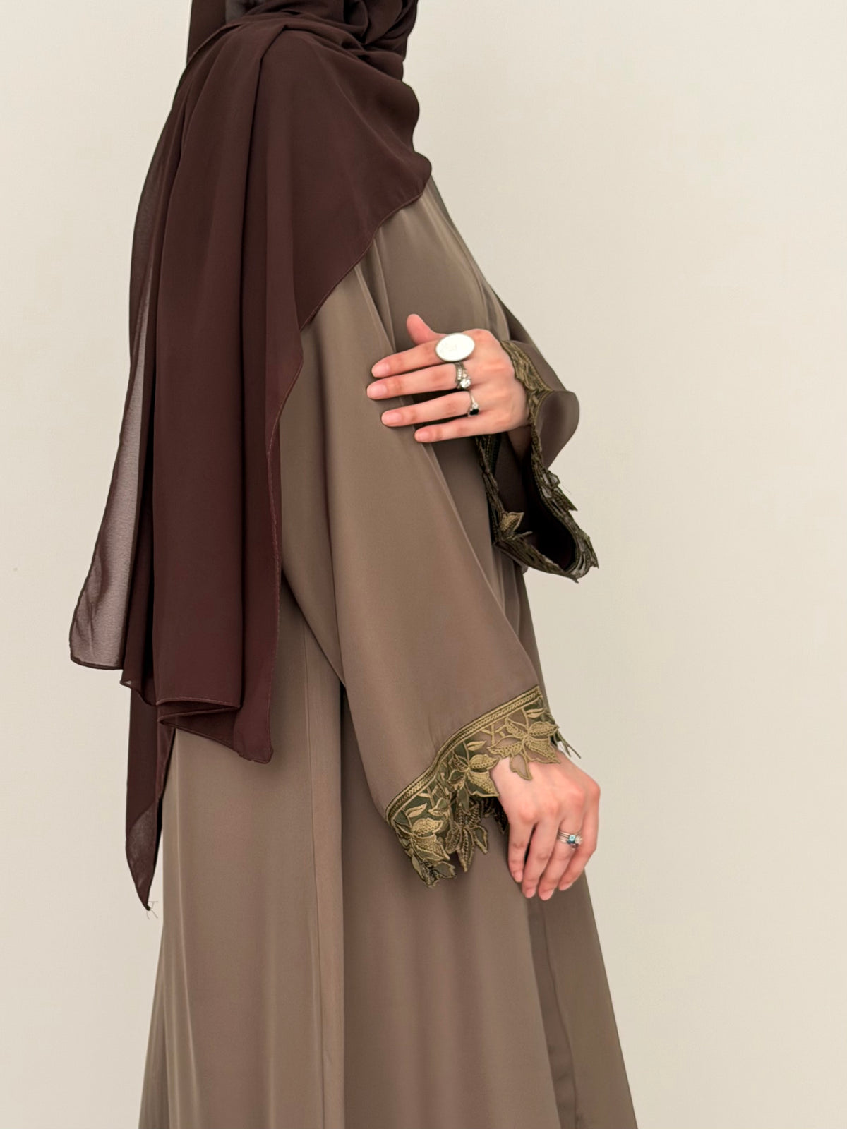 Cutwork Lace Abaya - Taupe