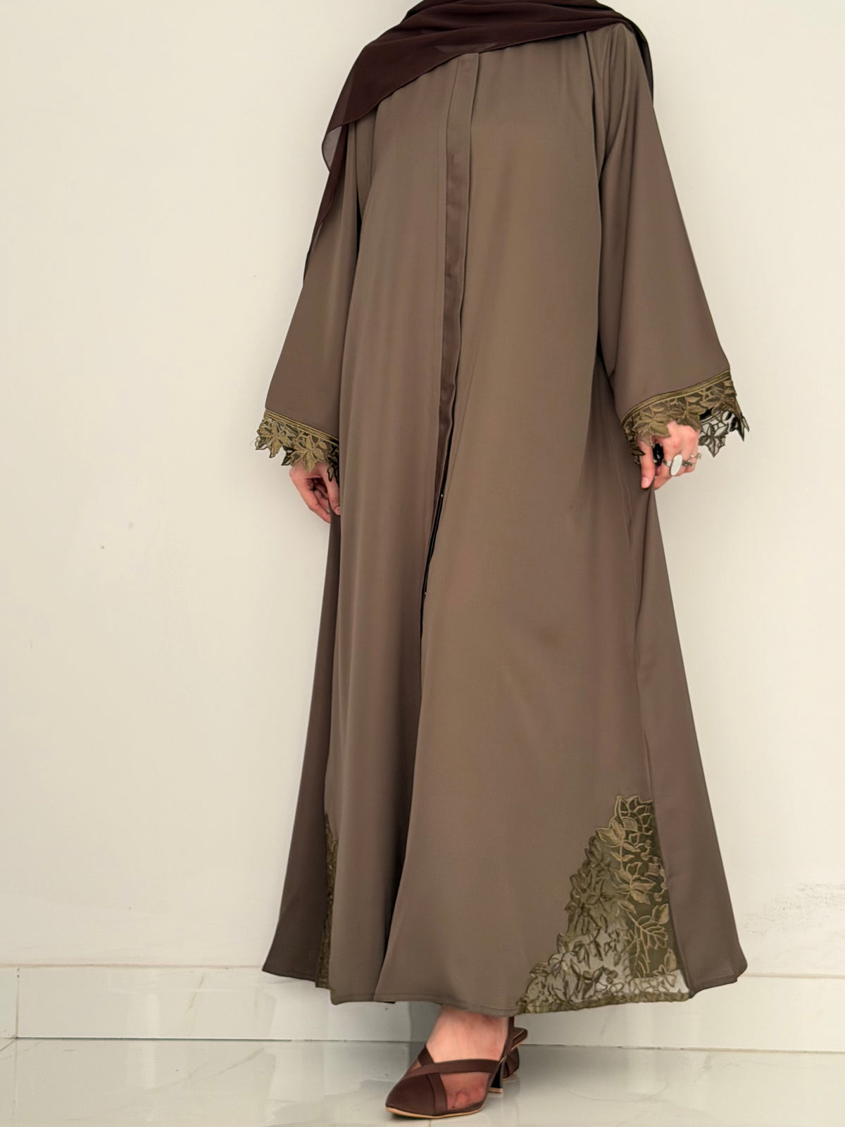 Cutwork Lace Abaya - Taupe