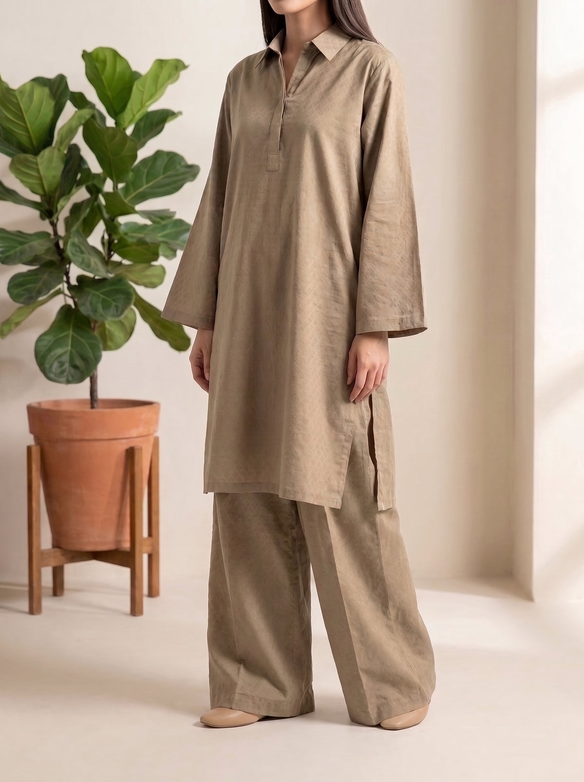SOLACE- 2PC COTTON COORD SET- KHAKI