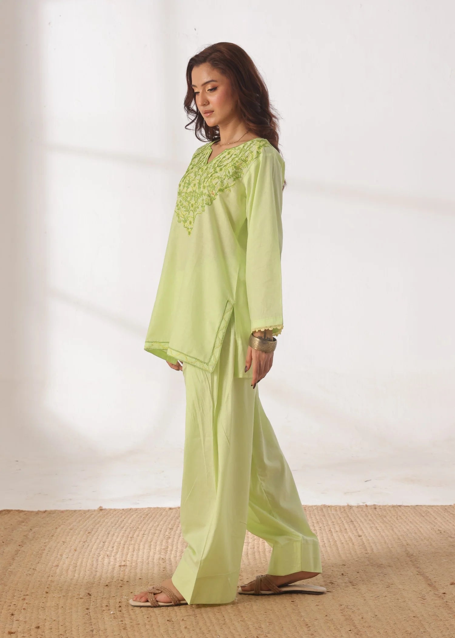 Grace - Embroidered Kurti Shalwar Set - Lime