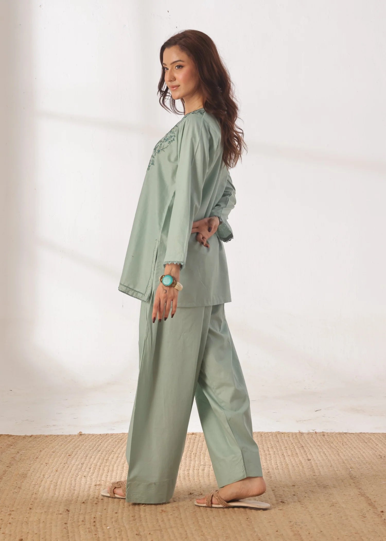 Grace - Embroidered Kurti Shalwar Set - Pastel Green