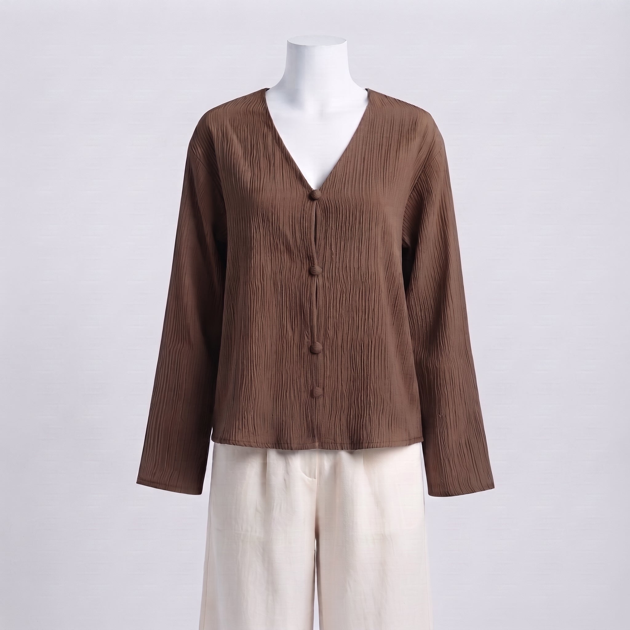 Mocha Plissé V-Neck Top