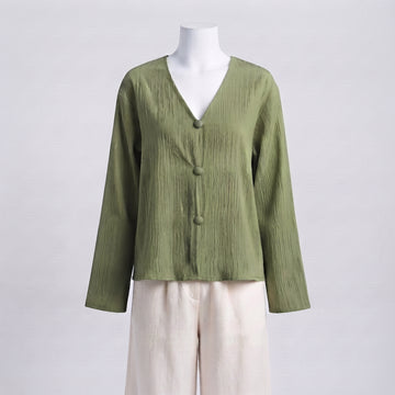 Green Plissé V-Neck Top