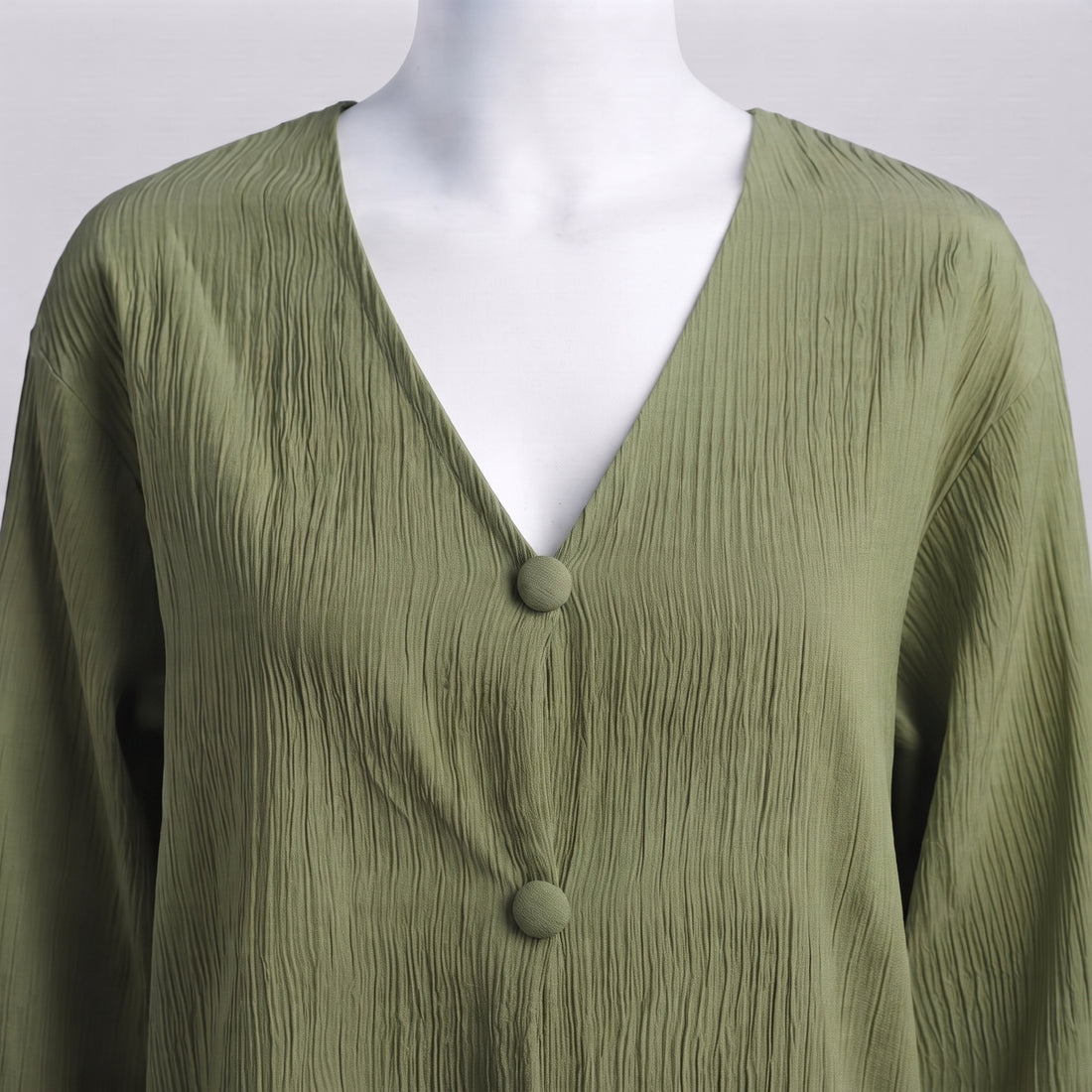 Green Plissé V-Neck Top